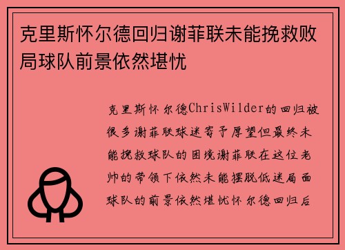 克里斯怀尔德回归谢菲联未能挽救败局球队前景依然堪忧