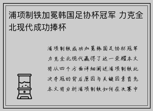 浦项制铁加冕韩国足协杯冠军 力克全北现代成功捧杯