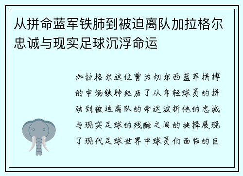 从拼命蓝军铁肺到被迫离队加拉格尔忠诚与现实足球沉浮命运