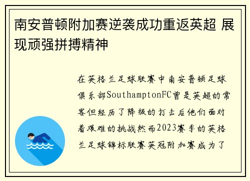 南安普顿附加赛逆袭成功重返英超 展现顽强拼搏精神